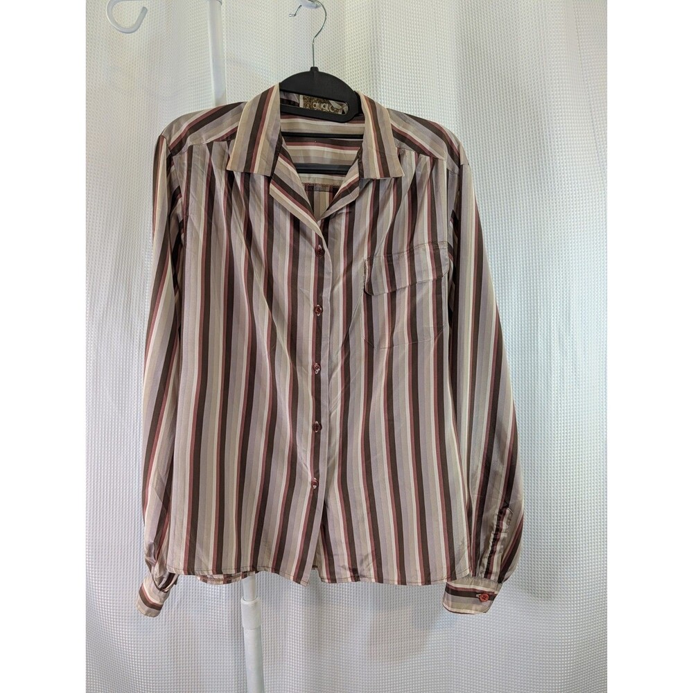 Amanda Vintage Stripe Long Sleeve Blouse Button 70s 80s Office Brown M (N08)